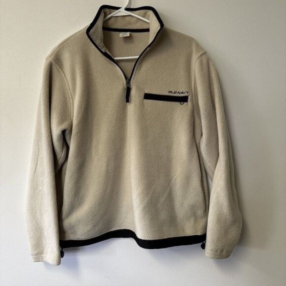 Old Navy Fleece Pullover Warm Mens Size S Beige Black Trim Half Zip‎